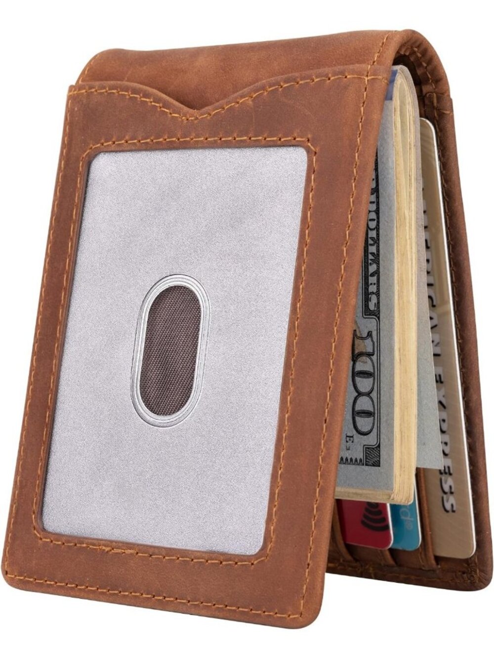Minimalist RFID Blocking Slim Wallet with Money Clip, Genuine Leather Bifold for